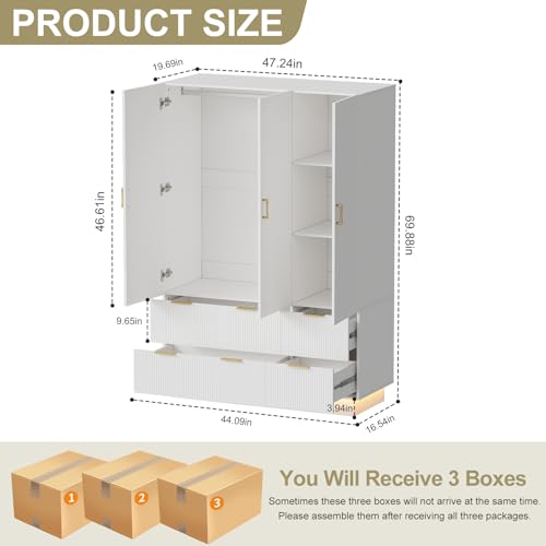 PAKASEPT Armoire Wardrobe Closet with 3 Door, Bedroom Armoires with Mirror and LED Lights, Hanging Rod, Drawers, Large Capacity Storage Wardrobe Armoire for Bedroom