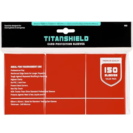 TitanShield Premium 150 fundas de tamaño estándar para juegos de mesa Trading Card Sleeves Deck Protector para Magic The Gathering MTG, colección de béisbol, Lorcana (rojo) | Ya disponible en tu tienda friki favorita! En mundofriki.es! TitanShield Premium 150 fundas de tamaño estándar para juegos de mesa Trading Card Sleeves Deck Protector para Magic The Gathering MTG, colección de béisbol, Lorcana (rojo) | Ya disponible en tu tienda friki favorita! En mundofriki.es!