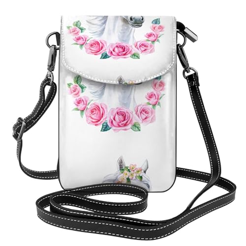 Petit sac bandoulière en cuir PU finitions soignées motif cheval blanc et fleurs roses