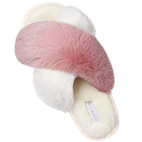JIASUQI Damen-Hausschuhe mit Kreuzband, weiches Plüsch, gemütlich, offener Zehenbereich, rutschfest, für drinnen und draußen, Beige - Beige Pink - Größe: 39.5/40.5 EU