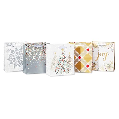 American Greetings Small Christmas Gift Bags, Gold and Silver Patterns (5 Bags)