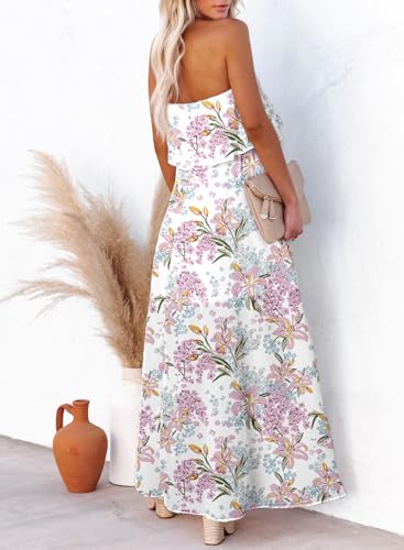 Image of Dokotoo Womens Strapless Dresses Casual Side Split Flowy Boho Maxi Dress | High Waist,Off The Shoulder,Wedding Guest,Bohemian,Beach Vacation Clothes,Floral Print,Sundresses,Casual