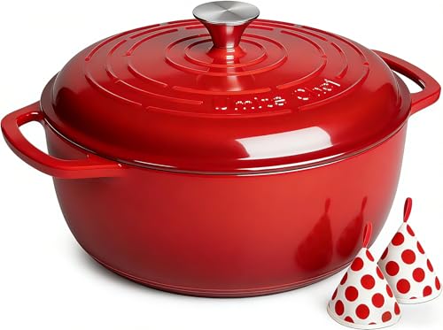 Umite Chef 6QT Enameled Cast Iron Dutch Oven with Lid, Versatile Heavy-Duty Cookware Pot for Baking Bread, Braising, Soups & Stews, Oven & Stovetop Safe with Heat Resistant Gloves（Red）