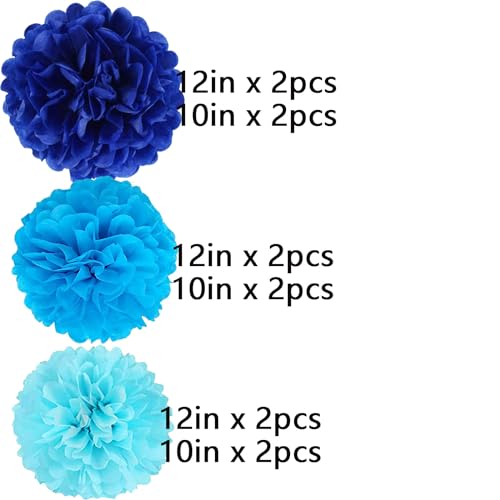 Image of We Moment Navy Blue,Blue and Light Blue Paper Pom Poms Decorations for Wedding Birthday Party DecorationCeiling Wall Hanging Tissue Flowers Decorations - 12pcs,3 Colors of 12 Inch, 10 Inch