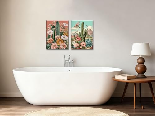 Image of Frimeeme Framed Cactus Wall Art Set of 2,12x16 inch | Vintage Cactus Desert Floral Wall Decor Paintings for Living Room Bedroom Bathroom