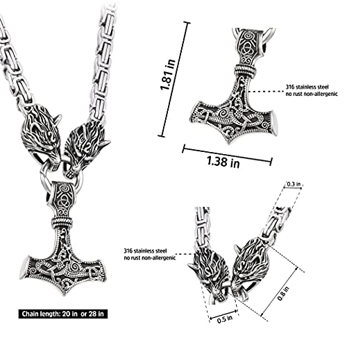 Bavipower Viking Mjolnir Necklace For Men With Wolf Head Chain, Stainless Steel Thors Hammer Necklace Pendant Norse Pagan Jewelry (Square Byzantine Chain, 20) #TOP4
