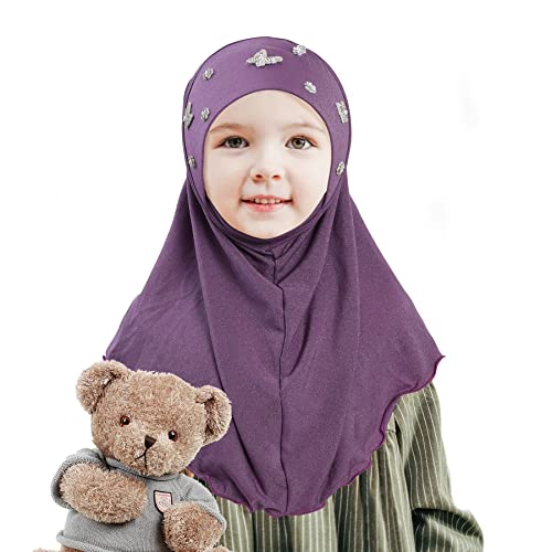 Lenmipot Little Girls Hijab Islamic Kids Hijab Headscarf Handmade Butterfly Rhinestone Muslim Hijab Cap For Girl (2-5Year) #TOP4