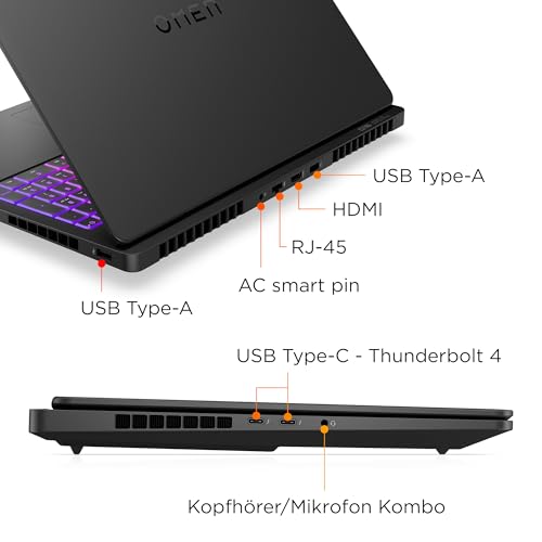 HP HP Omen MAX Gaming Laptop, 16" WQXGA Display 240 Hz, AMD Ryzen AI 9 HX 375 (12C) 55 NPU Tops - bis zu 5.1 GHz, NVIDIA GeForce RTX 5080 16GB VRAM, 32 GB RAM, 1 TB SSD, Win 11, QWERTZ, RGB, Schwarz - Designansicht 12 | Gaming-Laptops