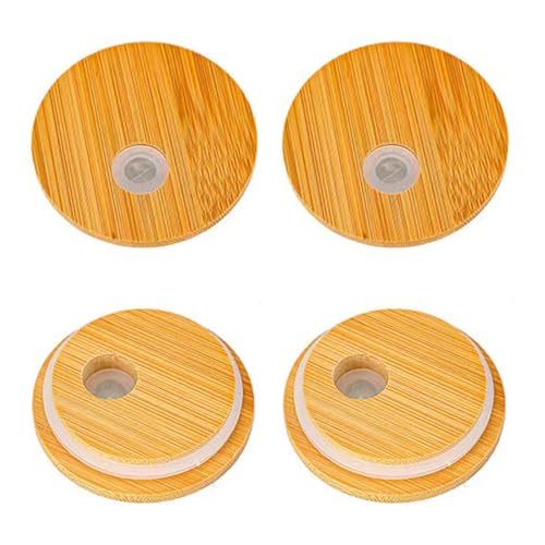 CUSROS Lot de 4 couvercles réutilisables en bambou pour bocaux en verre avec trou pour paille et joint en silicone étanche à ouverture normale - 7 cm -...
