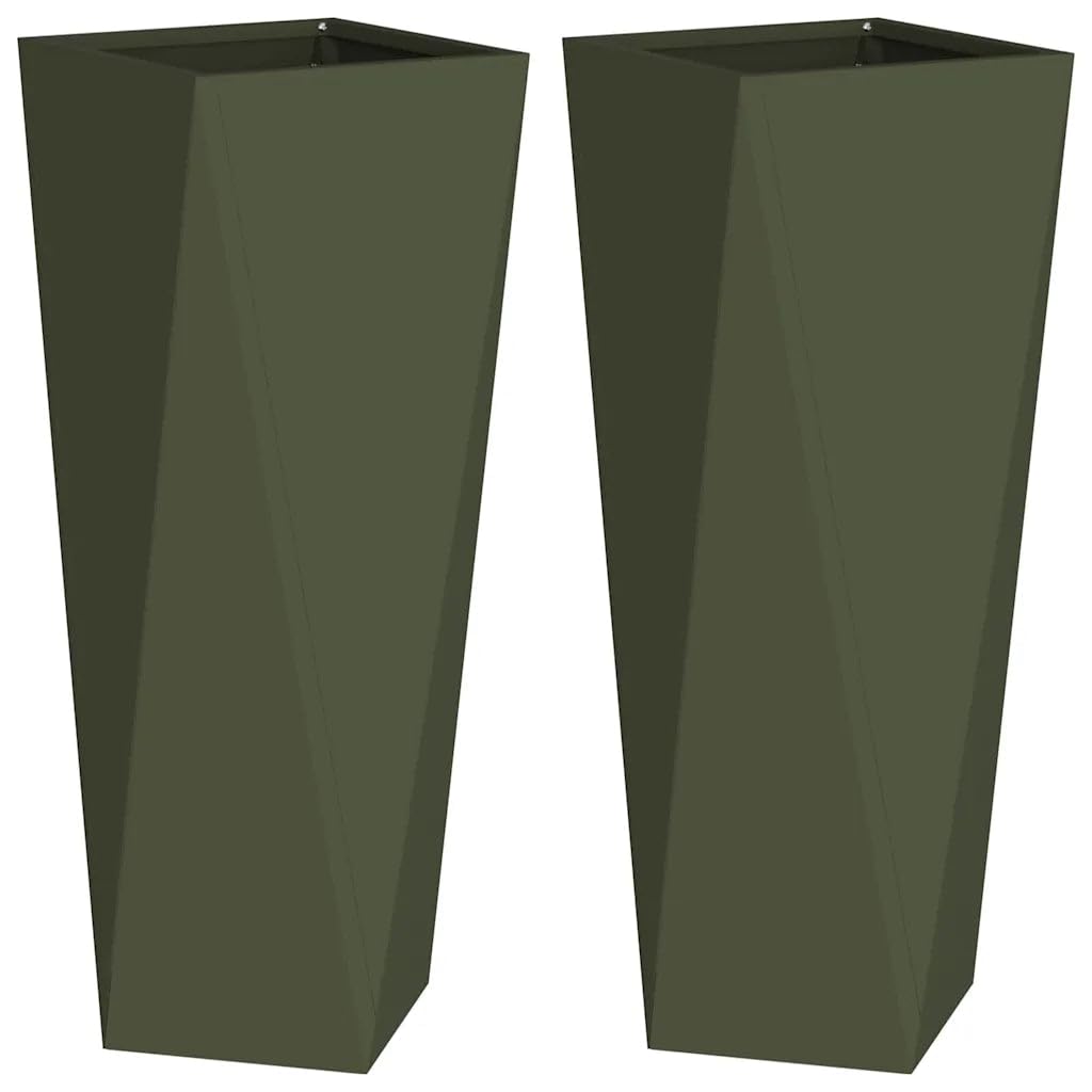 Helloshop26 Set di 2 fioriere moderne 30 x 30 x 75 cm da esterno pratiche design chic in acciaio verde oliva 02_0053013