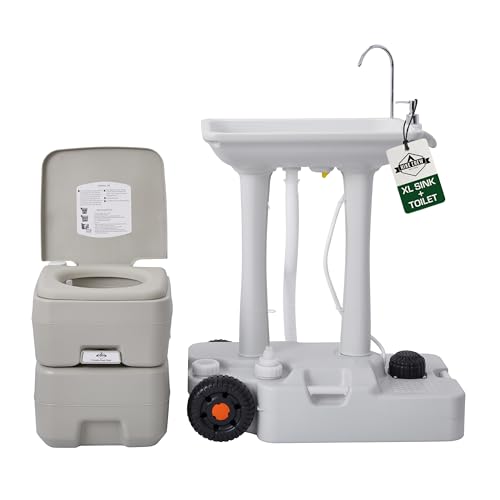 Hike Crew XL Portable Camping Sink & Toilet | Extra Large Washing Station with 8 Gal Capacity, Hands-Free Foot Pump, Faucet, Soap Dispenser & Towel Rack | Includes Travel Toilet with 5 Gal Waste Tank