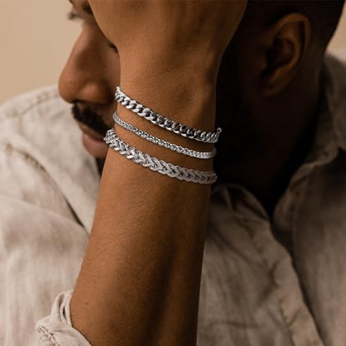 3 PCS Mens Bracelet Silver Bracelets for Men Set Waterproof Stainless Steel Men Jewelry, Adjustable Cuban Chain Bracelet for Boy Boyfriend as Halloween Gifts, Dad and Son Pulseras Para Hombres2