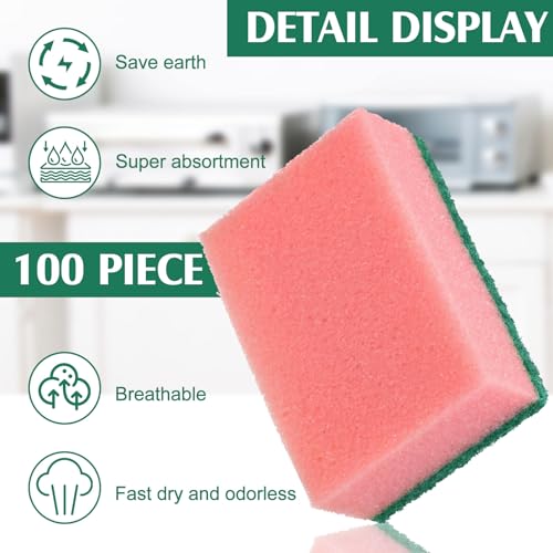 Image of Patelai 100 Pcs Heavy Duty Sponges Kitchen Bulk Dish Sponges Scrub Sponge Abrasive Scrubber Cleaning Sponge Non Scratch Scouring Absorbent Dish for Washing Kitchen (Pink)