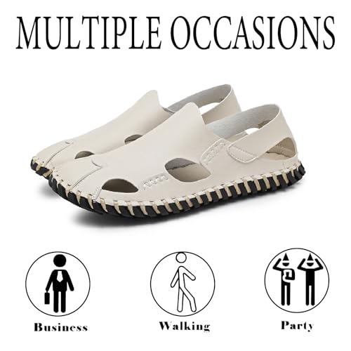 Men's Genuine Leather Cutout Fisherman Sandals Hand Stitched Fashion Comfortable Closed Toe Flat Beach Walking Shoes for Summer Outdoor Casual4