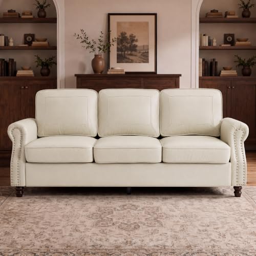 Image of Kingfun Faux Leather 3 Seater Sofa with Rolled Arms,Cream