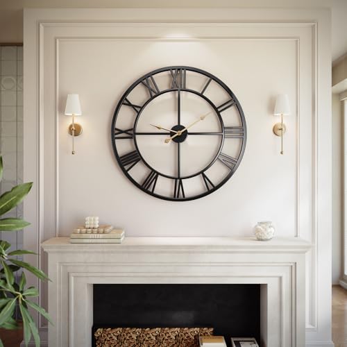 Vantic 32 Inch Large Wall Clock, Roman Numeral Metal Oversized Wall Clocks for Living Room Decor, Bedroom and Kitchen, Completely Silent, Non Ticking, Battery Operated