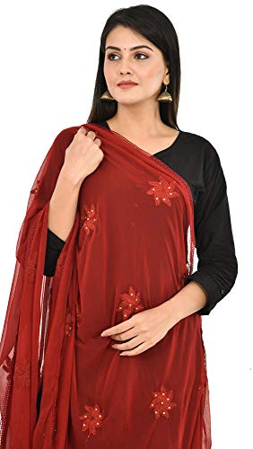 Image of YOUTHQUAKE Flower Embroidered Diamond Work Chiffon Dupatta for Womens & Girls With 4 Side Lace