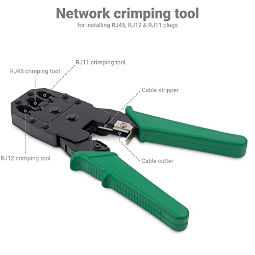 deleyCON 10-teiliges Netzwerk Werkzeug Set Mit Tasche Kabeltester Crimpzange LSA Auflegewerkzeug Abisolierzange IT Computer Netzwerk LAN CAT Werkzeug RJ11 RJ12 RJ45 Weiß Grün