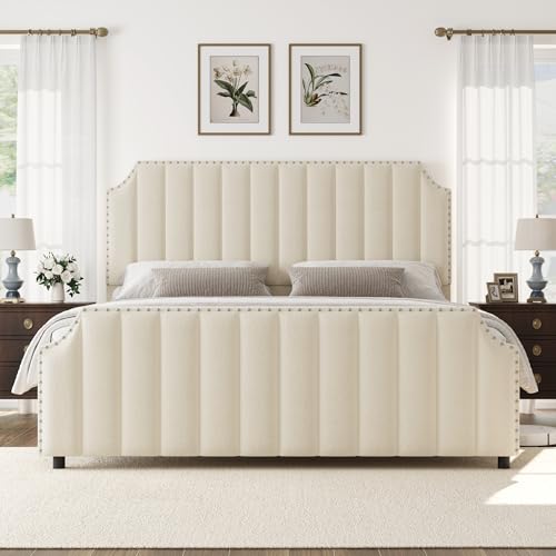 GarveeHome King Size Platform Bed Frame with 50.2 in Headboard, Velvet Upholstered Bed Frame with Vertical Channel Tufted Headboard & Footboard, Nailh