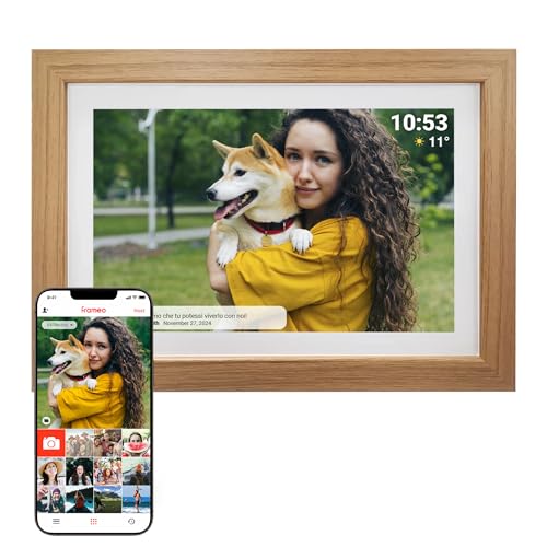 Cornice Digitale 10 Pollici WiFi – Schermo IPS HD 1280x800 – Portafoto Digitale Frameo Denver per Foto e Video – Cornice Elettronica Touchscreen Smart – 16GB Memoria – Slot microSD – Legno Chiaro