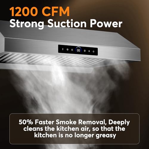 Image of TAPZI 30 Inch Under Cabinet Range Hood 1200 CFM, 4-Speed Kitchen Exhaust Fan with Touch /Gesture Control, Stainless Steel, 1500 LM LED Lighting, Easy to Clean