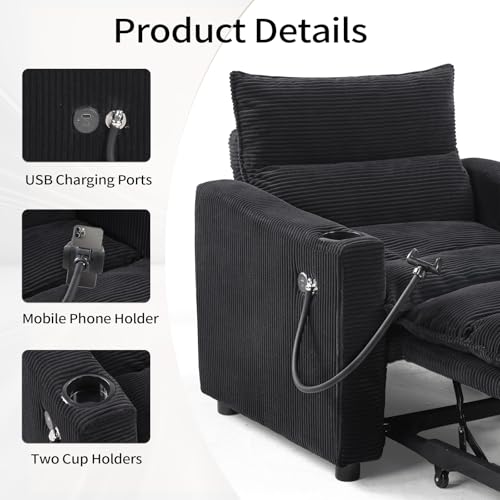 Image of Corduroy Sleeper Sofa Bed with Cup Holders, 3-in-1 Convertible Pullout Futon Couch with Phone Holder&USB Charge Port, Single Armchair with 3-Level Adjustable Backrest for Living Room