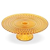 Amici Home Rochester Amber Glass Footed Cake Stand - Vintage Diamond Pattern Round Pedestal for Cakes, Pastries & Cupcakes, Decorative Dessert Display & Dining Table Centerpiece, 10.5” D x 3.75” H