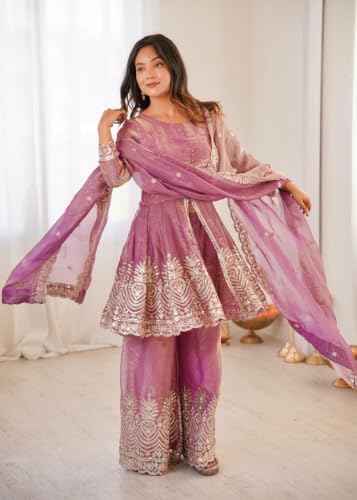 Image of Women's Embroidered Peplum Kurta Palazzo Dupatta Set | Ethnic 3 Piece Suit Set