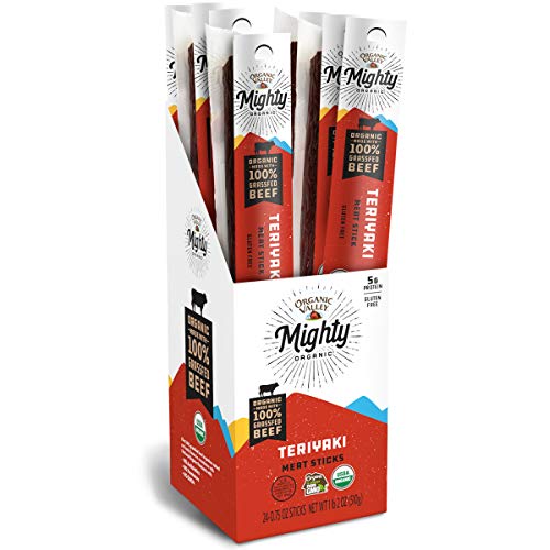 Organic Valley Mighty Organic 100% Grass Fed Organic Beef Sticks, Teriyaki Beef Jerky Sticks, 24 Pack, 0.75 oz