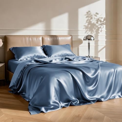 Image of Love's cabin Full Size Satin Sheet Sets - 4 Piece Ash Blue Silky Sheet Set Full with Deep Pocket, Luxury Silk Feel Bed Sheets Full Bedding Set (1 Flat Sheet,1 Fitted Sheet,2 Pillow Cases)