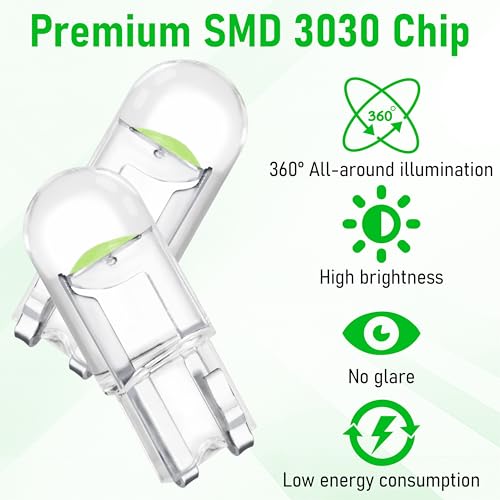 Image of ecocstm 30 PCS Car 194 LED Bulbs, 168 2825 W5W T10 Wedge COB LED Replacement Bulb, Error Free Interior Bulb for Dashboard Light, Dome Lights (Green)