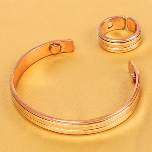 Touchstone Handcrafted Copper Healing Hand Forged With Solid And High Gauge Spiral Wire Braided Pattern Minimalistic Elegance Pure Copper Bracelet And Identical Ring In Two Tones #TOP3