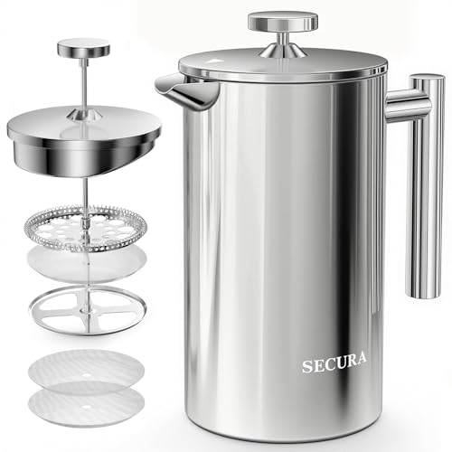 Image of Secura French Press Coffee Maker, 304 Grade Stainless Steel Insulated Coffee Press with 2 Extra Screens, 34oz (1 Litre), Silver