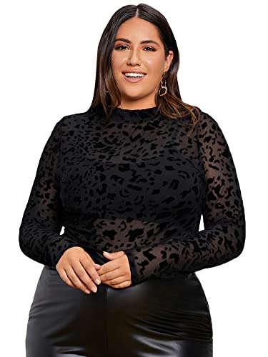 Floerns Women's Plus Size Leopard Print Mock Neck Mesh Long Sleeve Tee Shirt Top