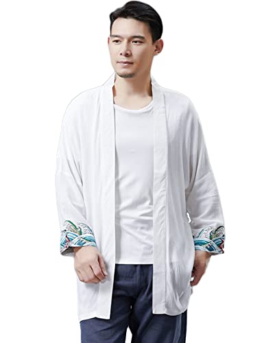 Ystylee Men's Kimono Jackets Cardigan Casual Long Sleeve Shirt Open Front Cuff Embroidery Coat