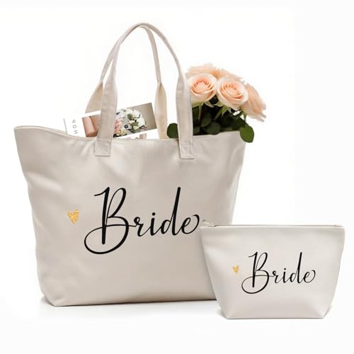 CARAKNOTS Mrs Tote Bag for Bride 2026 – Large Natural Canvas Wedding Tote with Zipper & Pocket, Future Mrs & Bride to Be Gifts for Bridal Shower, Engagement, Bachelorette Party, Honeymoon Beach Bag