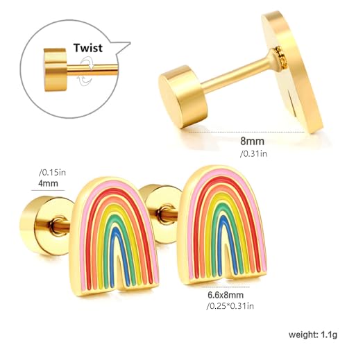 20g Rainbow Gold Plated Flat Screw Back Small Stud Earrings for Women Minimalist Cute Surgical Steel Colorful Enamel Cartilage Tragus Piercing Sleeper Tiny Mini Studs Hypoallergenic Birthday Gift for Daughter Bff Christmas2