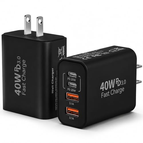 Image of USB C Wall Fast Charger Block, 40W 4-Port Type C Chargers Fast Charging Blocks PD Power Charger Adapter+QC 3.0 USB Multiport Charger Brick for Phone 17 /16 /15 /14 /13 /12 Pro Max, i-Pad, Galaxy S25-2Pack