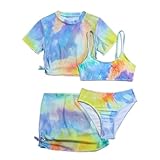 Girls Tie-dye Swimsuit Sets Four Piece Short Sleeve Tops Camisole Panty with Skirt Summer Fashion Beach Bathing Suit Blue