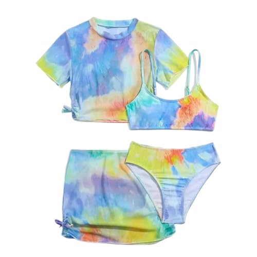 Girls Tie-dye Swimsuit Sets Four Piece Short Sleeve Tops Camisole Panty with Skirt Summer Fashion Beach Bathing Suit Blue