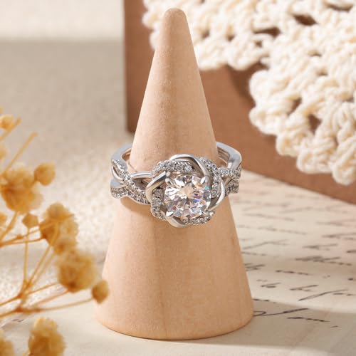 Image of Jeulia Halo Solitaire Engagement Rings for Women Sterling Silver Floral Flower Rings Rose Gold Plated Diamond Ring Round Cut Bridal Ring Set Anniversary Promise Rings for Her