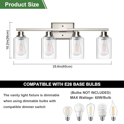 Image of Ascher Bathroom Light Fixtures, 4-Light Vanity Lights with Clear Glass Shade, Modern Brushed Nickel Wall Light for Mirror Bedroom Hallway Cabinet Porch