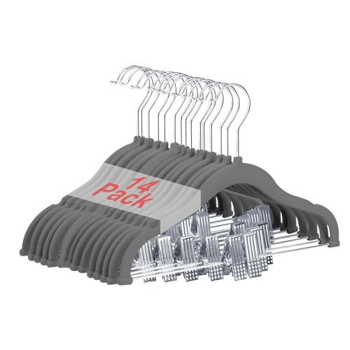 Image of Wellong Baby Clothes Hangers with Clips, 14 Packs Kids Velvet Clothes Hangers, Heavy-Duty Childrens Hangers, Storage Organizer Clothing Hangers for Shirts, Pants, Skirts, Dresses, Jackets, Coat Gray