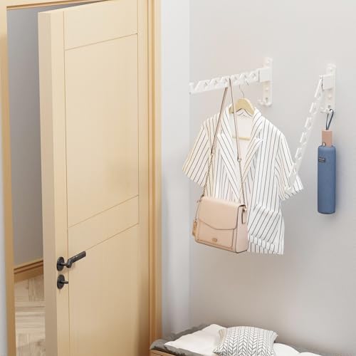 dancrul Wall Mounted Clothes Drying Rack, Wall Clothes Hanger Hook for Laundry Room, Clothes Hanger Foldable, Wall Rack Indoor, Perfect for Small Spaces, White 2 Packs