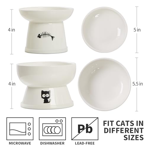 FOREYY Raised Cat Food and Water Bowl Set, Whisker Friendly Elevated Ceramic Cats Feeder Bowls with Anti Slip Ring, Anti-Vomiting Shallow High Porcelain Pet Kitten Dish, Dishwasher Safe(White)