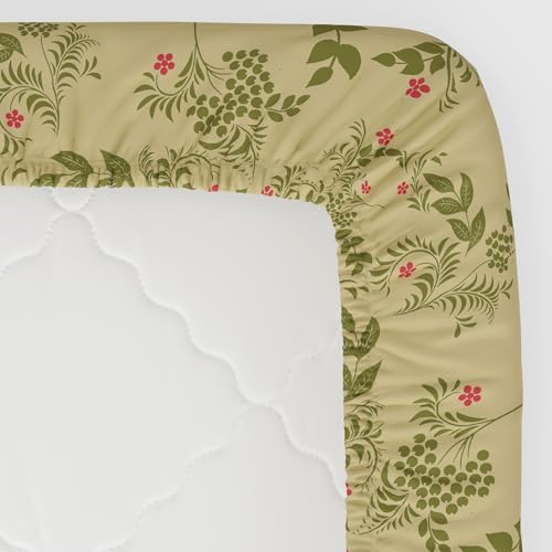 Image of Huesland by Ahmedabad Cotton 144 TC Elastic Bedsheets for King Size Bed with 2 Pillow Covers | Botanical Bliss | Vanilla & Green