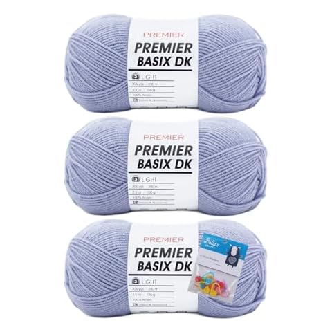 Premier Yarns Basix DK Yarn - 3.5 Oz - #3 Light/DK Weight - 3 Pack Bundle with Bella's Crafts Stitch Markers (Chambray) Cover