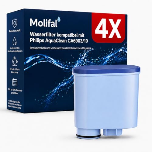 Molifal Wasserfilter für Philips AquaClean CA6903/10 CA6903/22- Filterpatrone kompatibel mit Saeco LatteGo Kaffeevollautomat 3200 3300 5400 5500 series- BPA-frei kalkfrei verbessert Geschmack (4X)