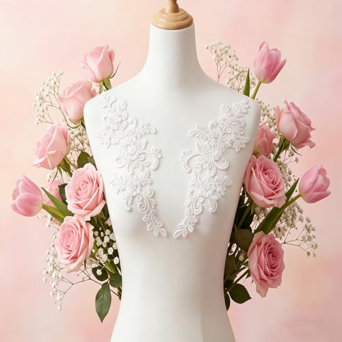4 Pcs Lace Embroidery Patches, White Lace Applique, Appliques 3D Embroidery Patch Embellishments, Sewing Floral Fabric Craft for DIY Clothing Wedding Dress Decoration, White