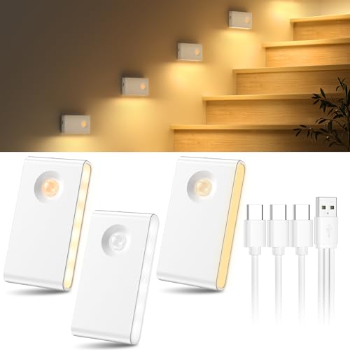 YiaMia Stair Lights Motion Sensor Indoor, 3-Pack Rechargeable Night Lights with Adjustable Brightness, Wireless Under Cabinet Lighting for Stairs, Bathroom, Bedroom